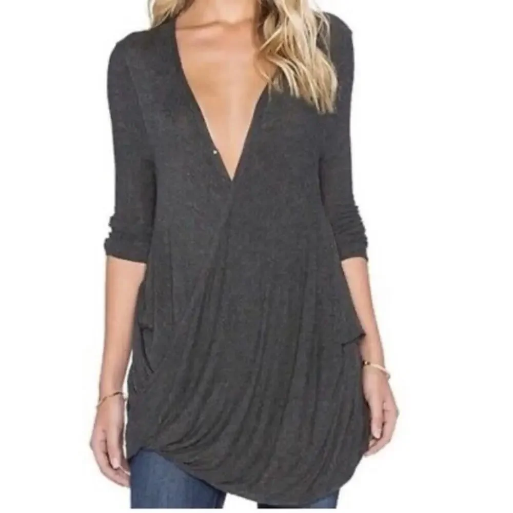 Free People We the Free Gray Miss Rose oversized wrap tunic length top small